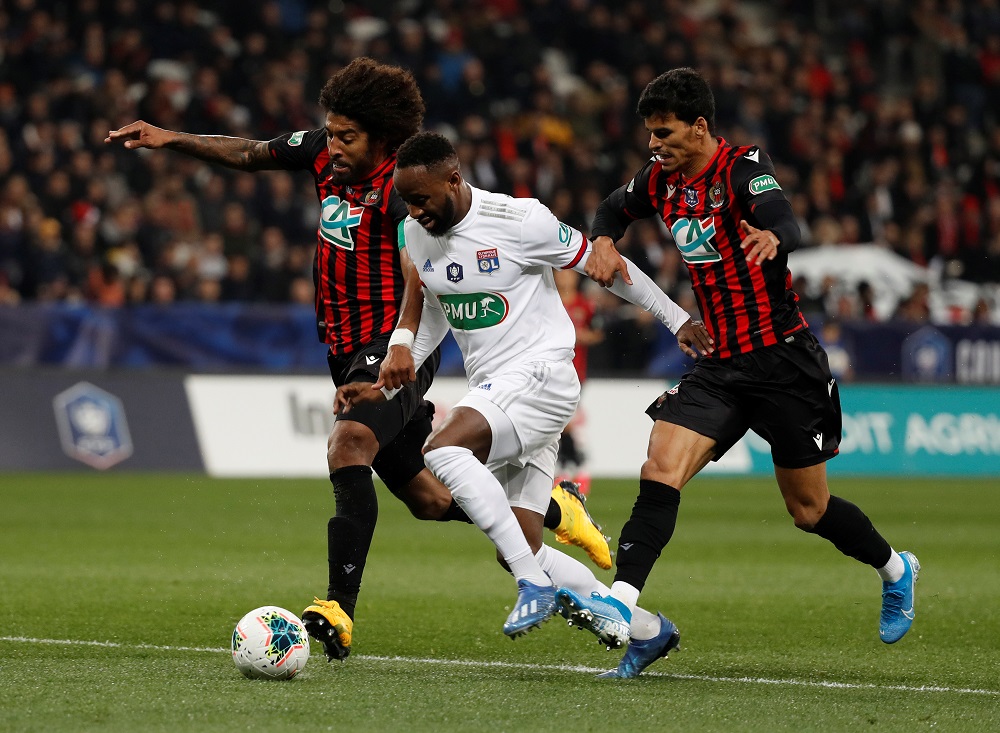 Olympique Lyonnaisu00e2u20acu2122 Moussa Dembele in action with OGC Niceu00e2u20acu2122s Dante and Danilo during their match at Allianz Riviera in Nice January 30, 2020. u00e2u20acu201d Reuters pic