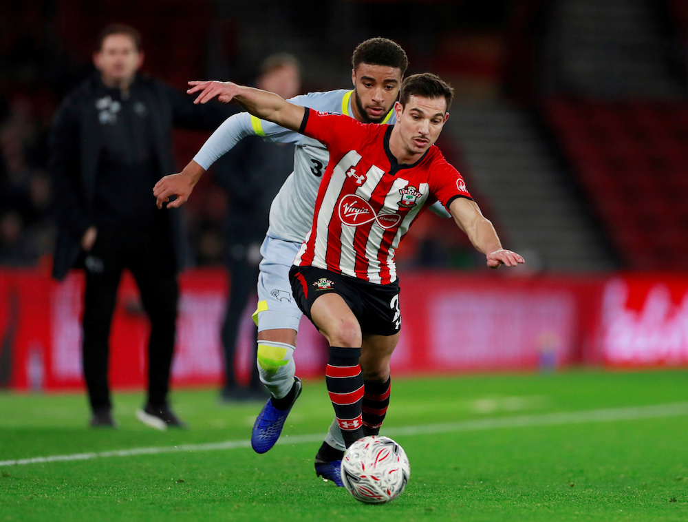 Southamptonu00e2u20acu2122s Cedric Soares in action with Derby Countyu00e2u20acu2122s Jayden Bogle during their FA Cup third round replay match at St Maryu00e2u20acu2122s Stadium in Southampton January 16, 2019. u00e2u20acu201d Action Images pic via Reuters