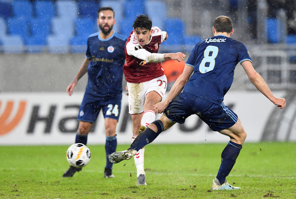 Bragau00e2u20acu2122s Francisco Trincao scores their second goal during the Europa League Group K match with Slovan Bratislava at Tehelne Pole Stadium in Bratislava, Slovakia December 12, 2019. u00e2u20acu201d Reuters pic
