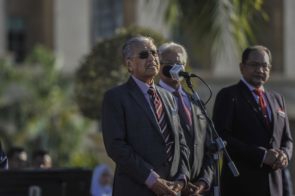 Prime Minister Tun Dr Mahathir Mohamad addresses a monthly staff gathering at the Prime Ministeru00e2u20acu2122s Department in Putrajaya January 6, 2020. u00e2u20acu201d Picture by Shafwan Zaidon