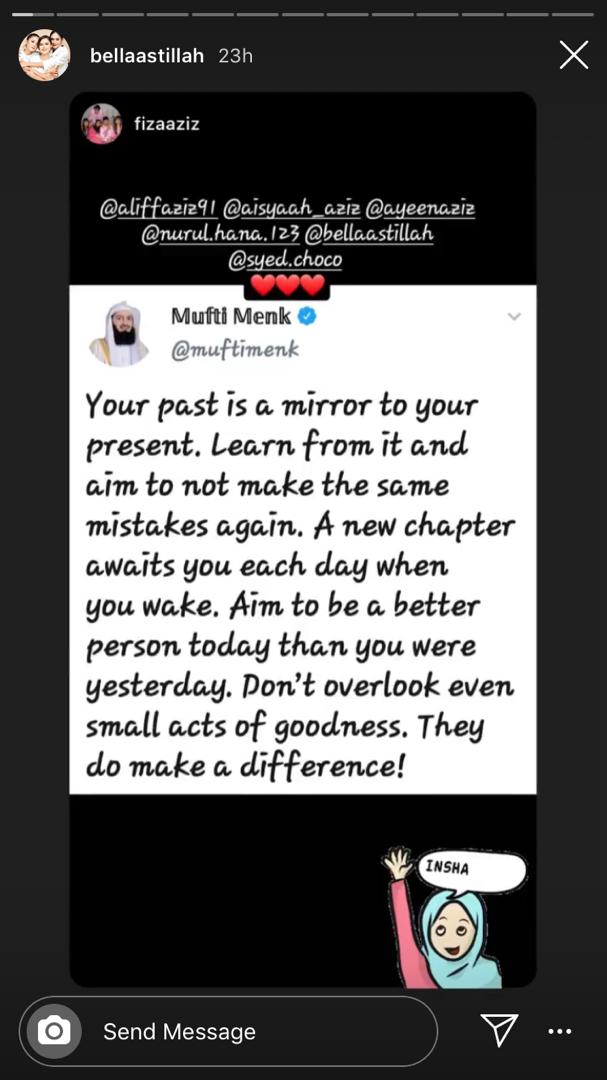 Bella also reposted a quote by Muslim preacher Mufti Menk which was shared by Aliff’s mother. — Picture via Instagram/Bella Astillah