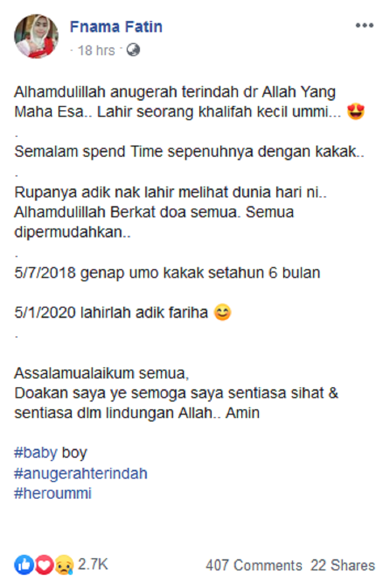 Fatin announced her newborn to the public via Facebook. — Picture via Facebook/Fnama Fatin