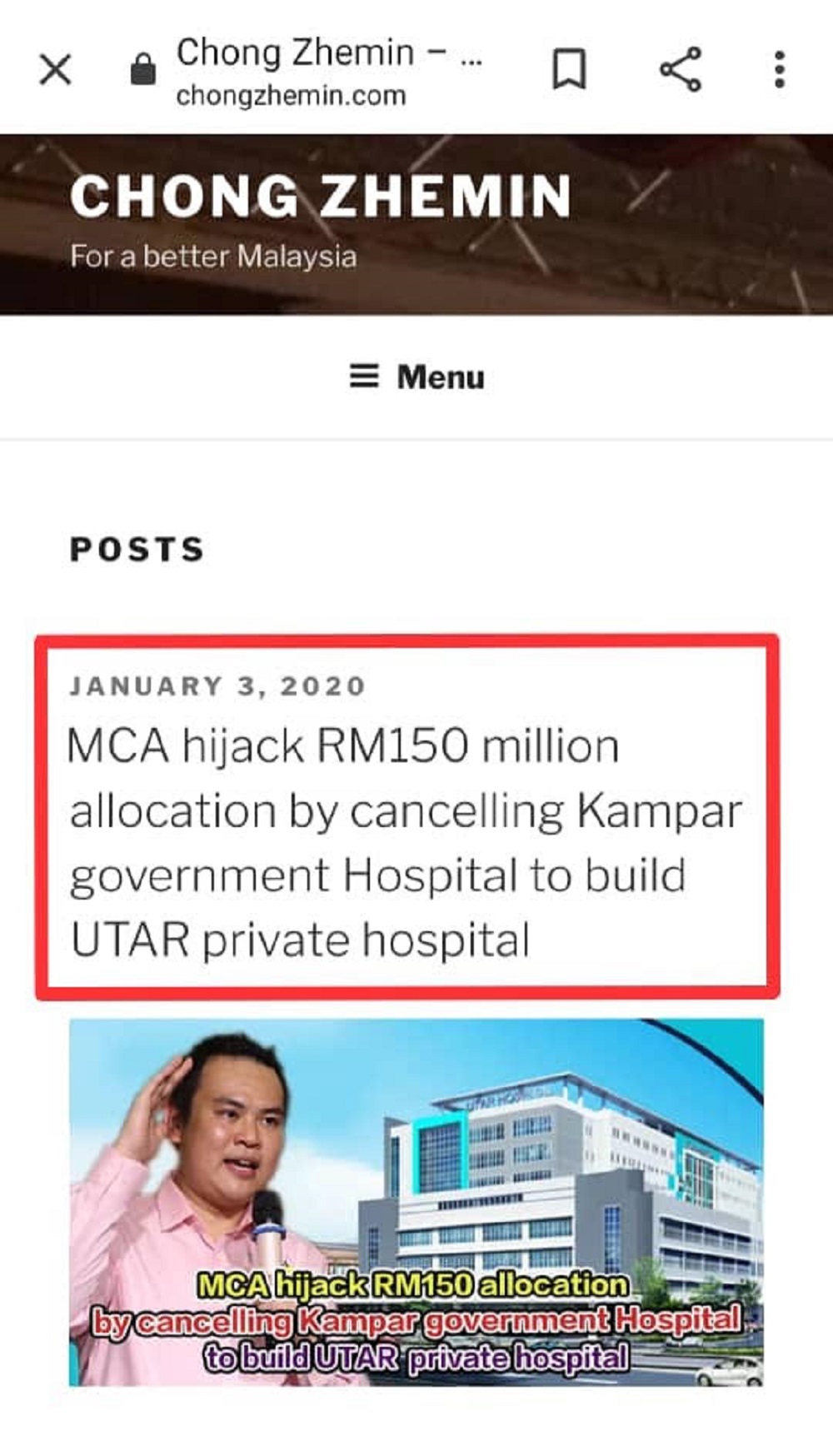 A screenshot showing the allegations against MCA by Keranji assemblyman Chong Zhemin. — Picture by Low Guo Nan