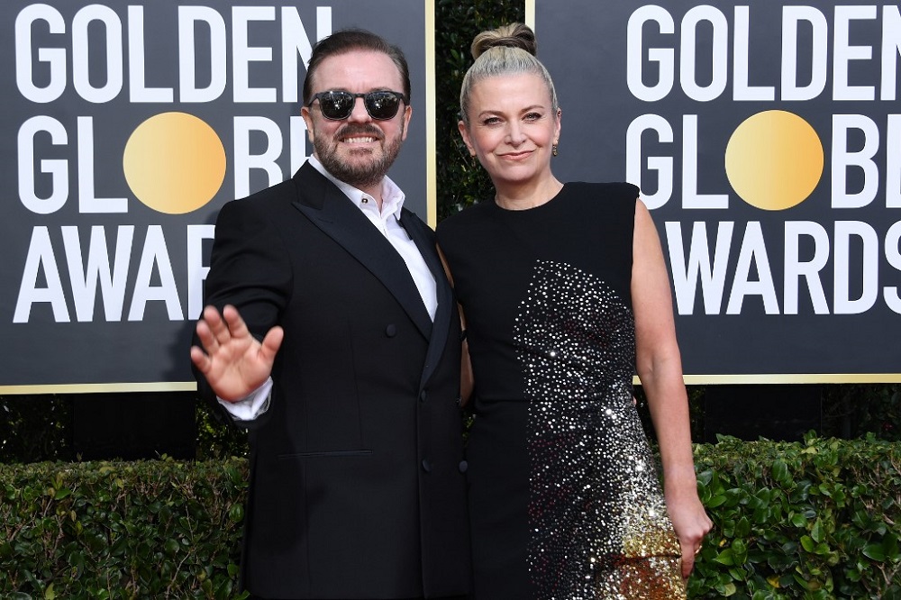 British host RIcky Gervais (left) and partner Jane Fallon arrive for the 77th annual Golden Globe Awards in Beverly Hills, California January 6, 2020. u00e2u20acu201d AFP pic