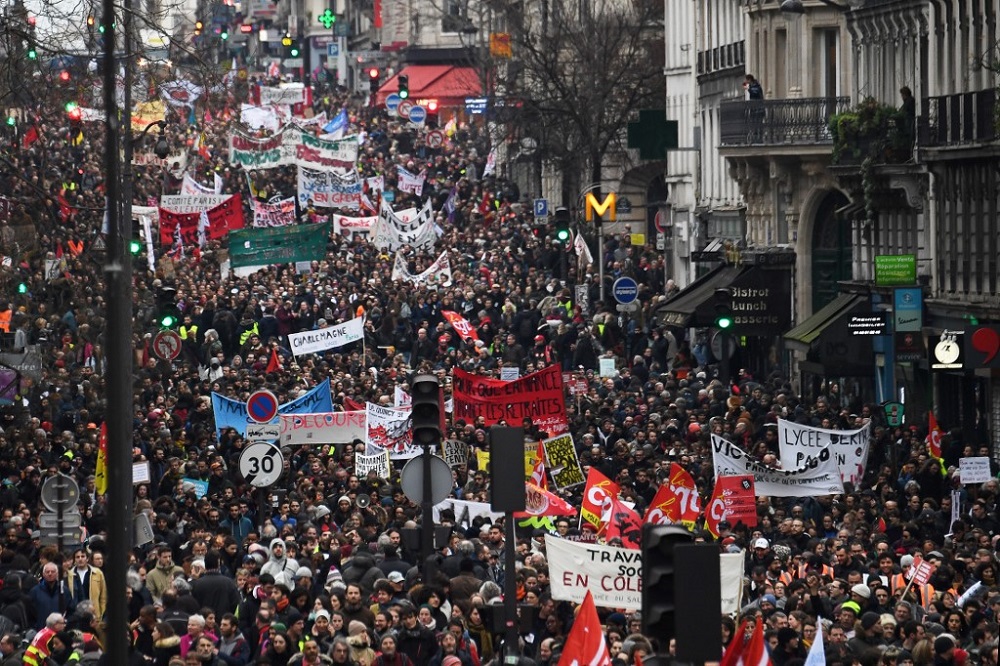 A picture shows a general view during a demonstration on the 36th day of a nationwide multi-sector strike against French governmentu00e2u20acu2122s pensions overhaul, in Paris January 9, 2020. u00e2u20acu201d AFP pic