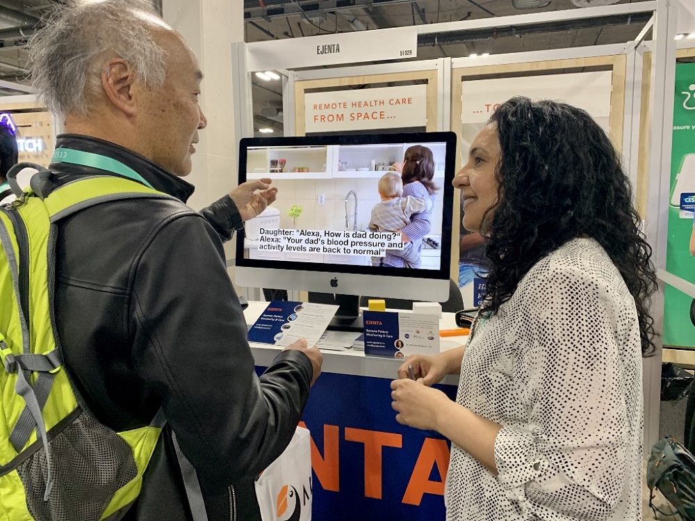 Rachna Dhamija (right), founder and CEO of Ejenta, speaks to visitor at the 2020 Consumer Electronics Show in Las Vegas January 9, 2020. u00e2u20acu201d AFP pic