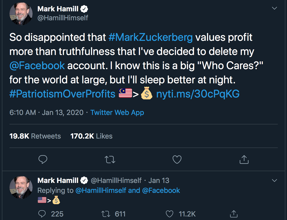 Hamill angrily declared that he would delete his Facebook account in light of the platform’s slack rules towards political ads containing misinformation. — Picture from Twitter/HamillHimself