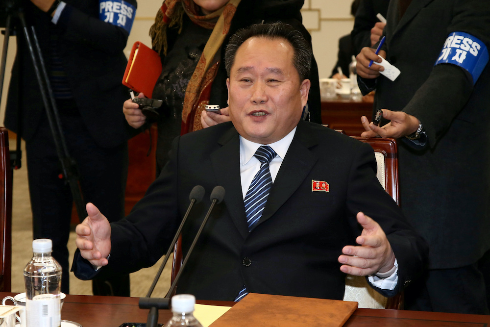 Head of the North Korean delegation, Ri Son Gwon talks with his South Korean counterpart Cho Myoung-gyon (not pictured) during their meeting at the truce village of Panmunjom in the demilitarised zone separating the two Koreas January 9, 2018. u00e2u20acu201d Reuters