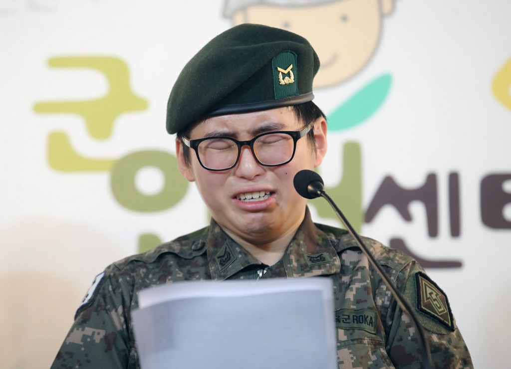 South Korean Army staff sergeant Byun Hee-soo reacts as she expresses her desire to remain in the army during a press conference at the Military Human Rights Centre for Korea in Seoul on January 22, 2020. u00e2u20acu201d AFP picn n