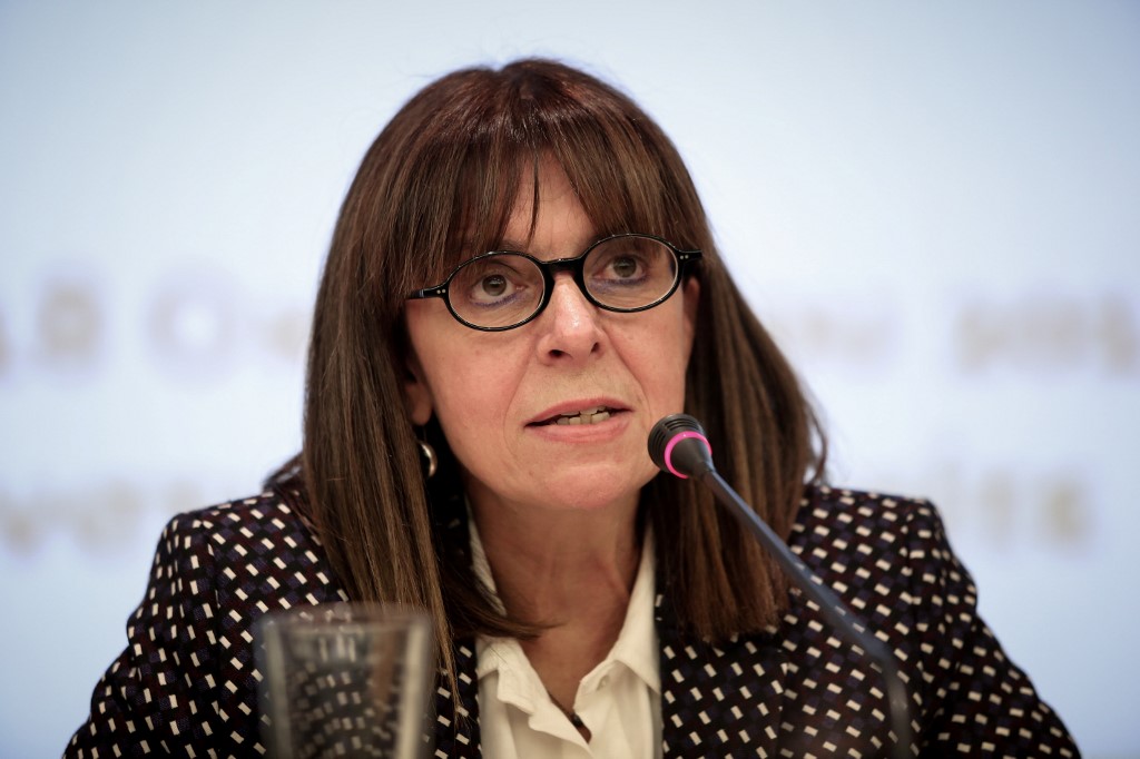 This file photograph taken on October 18, 2018, shows candidate for the Greek Presidency Ekaterini Sakellaropoulou, then President of the Council, as she speaks in Athens. — AFP pic