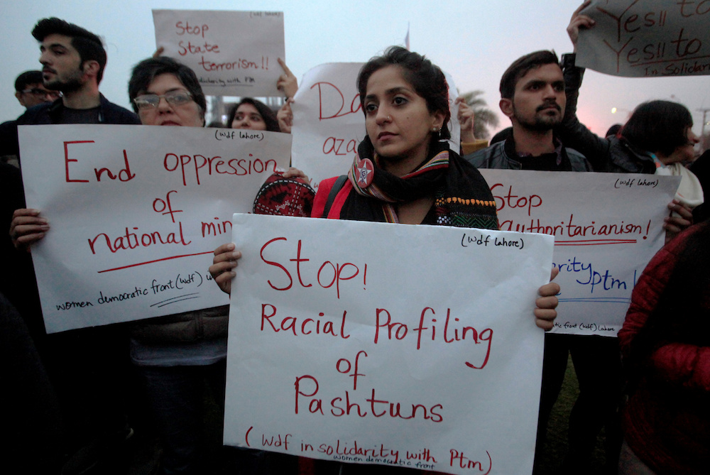 Supporters of Pashtun Tahafuz Movement (PTM) hold signs during a country-wide protests over the arrest of their leader and student activist Manzoor Pashteen, in Lahore January 28, 2020. u00e2u20acu201d Reuters picnn