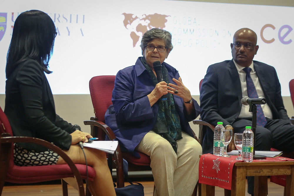 Former Switzerland president Ruth Dreifuss (centre) speaks during the Drug Policy Reform discussion at Universiti Malaya in Kuala Lumpur January 30, 2020. — Picture by Yusof Mat Isa