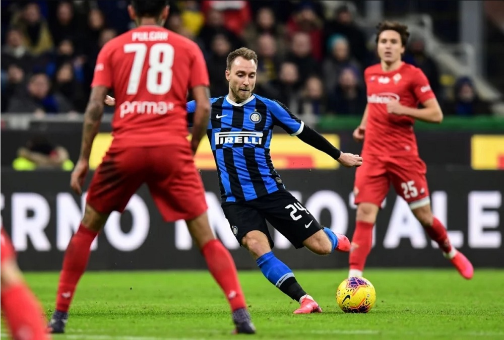 Inter Milan's Danish midfielder Christian Eriksen (centre) shoots on goal during the Italian Cup round of 8 football match against Fiorentina at the San Siro stadium in Milan January 29, 2020. u00e2u20acu201d AFP pic