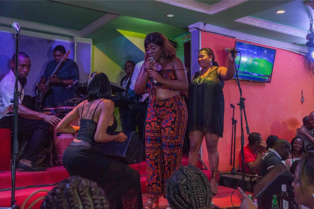 Accompanied by choirs and an band, Olivia Beyene interprets a piece of bikutsi and dances on the stage of the cabaret Quebec in Yaounde, Cameroon October 2, 2019. u00e2u20acu201d AFP pic