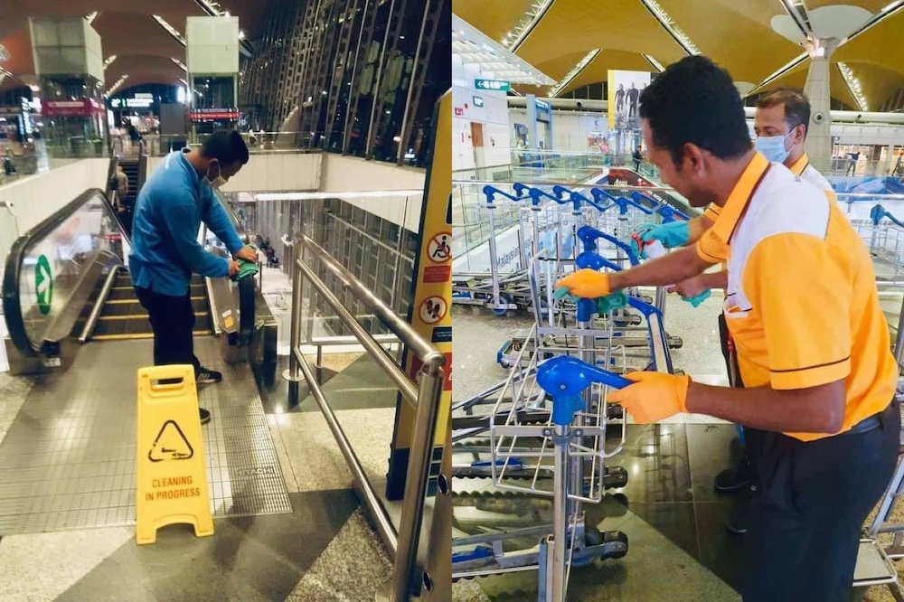 The workers donned protective gear while wiping down surfaces that came into frequent contact with hands at the airport. u00e2u20acu201d Pictures from Facebook/penangkini