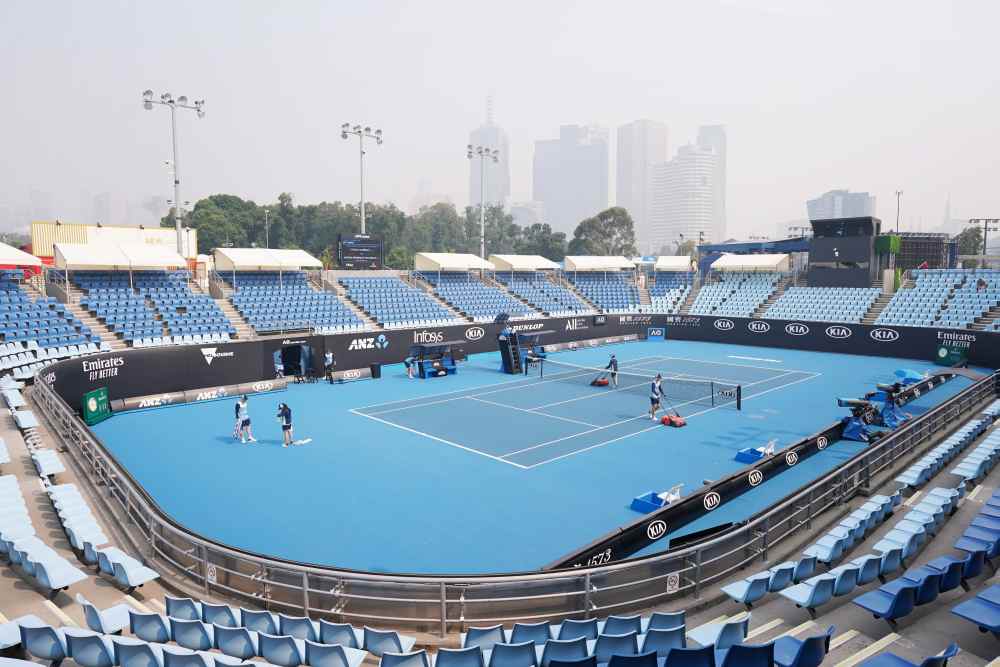 A general view is seen with the city skyline shrouded by smoke haze from bushfires during an Australian Open practice session at Melbourne Park in Melbourne January 14, 2020. u00e2u20acu2022 Reuters pic