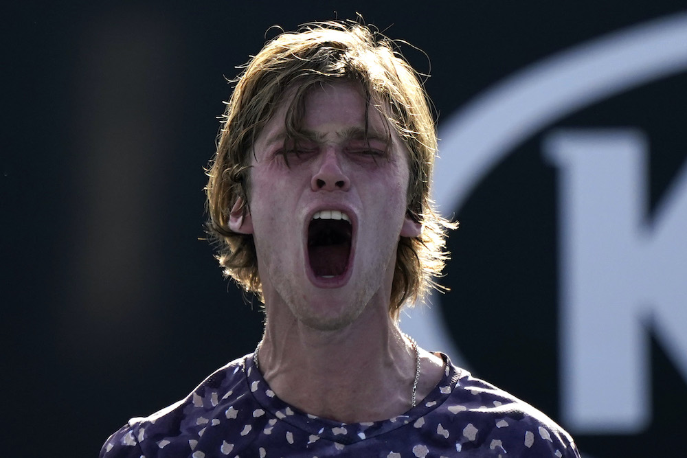 Russiau00e2u20acu2122s Andrey Rublev celebrates winning his match against Belgiumu00e2u20acu2122s David Goffin during the Austaralian Open Third Round match at Melbourne Park in Melbourne, January 25 2020. u00e2u20acu201d Reuters picnn