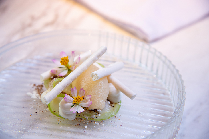 Dessert was a refreshing jasmine sorbet with goat's curd, guava, vinegared meringue, preserved plum and ulam raja.