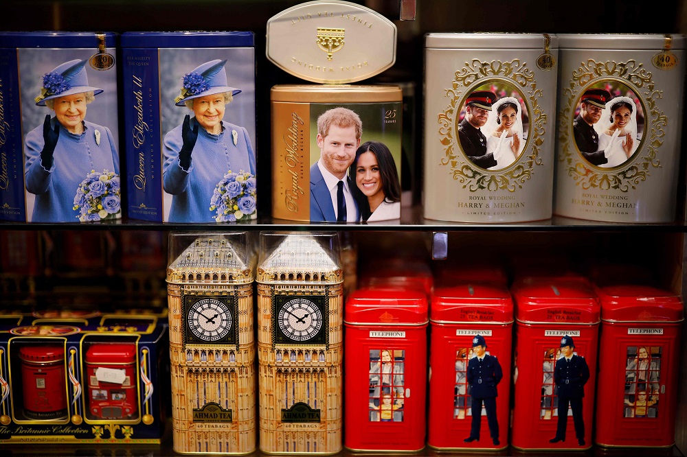 Royal Souvenirs featuring images of Britain's Prince Harry, Duke of Sussex and his wife Meghan, Duchess of Sussex, are pictured for sale in a store near Buckingham Palace in London January 9, 2020. u00e2u20acu2022 AFP pic   