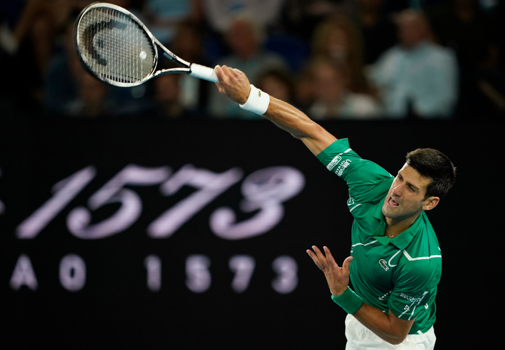Serbiau00e2u20acu2122s Novak Djokovic in action during his match against Canadau00e2u20acu2122s Milos Raonic at Melbourne Park, Australia January 28, 2020. u00e2u20acu201d Reuters pic
