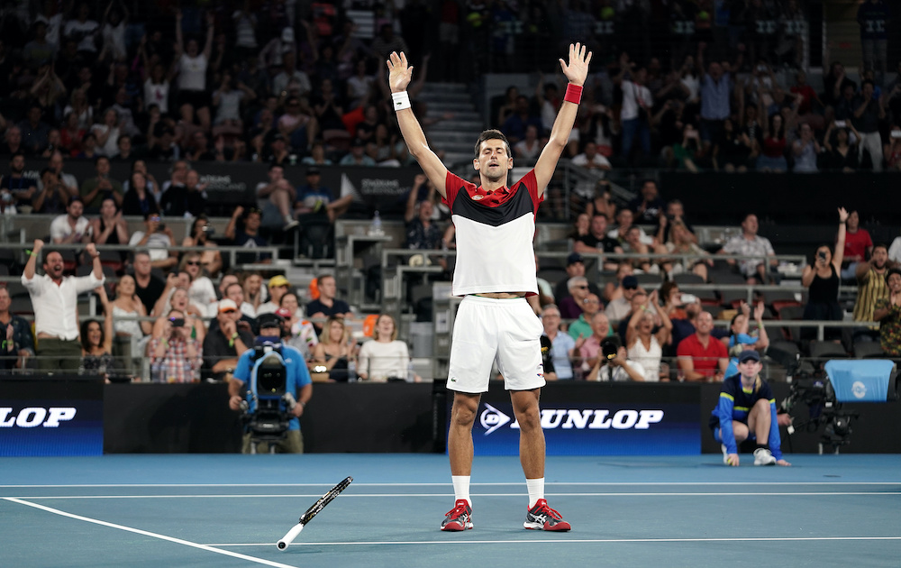Novak Djokovic of Serbia reacts after winning his singles match against Kevin Anderson of South Africa on day 2 of the ATP Cup tennis tournament at Pat Rafter Arena in Brisbane, Australia, January 4, 2020. u00e2u20acu201d Reuters picnnn