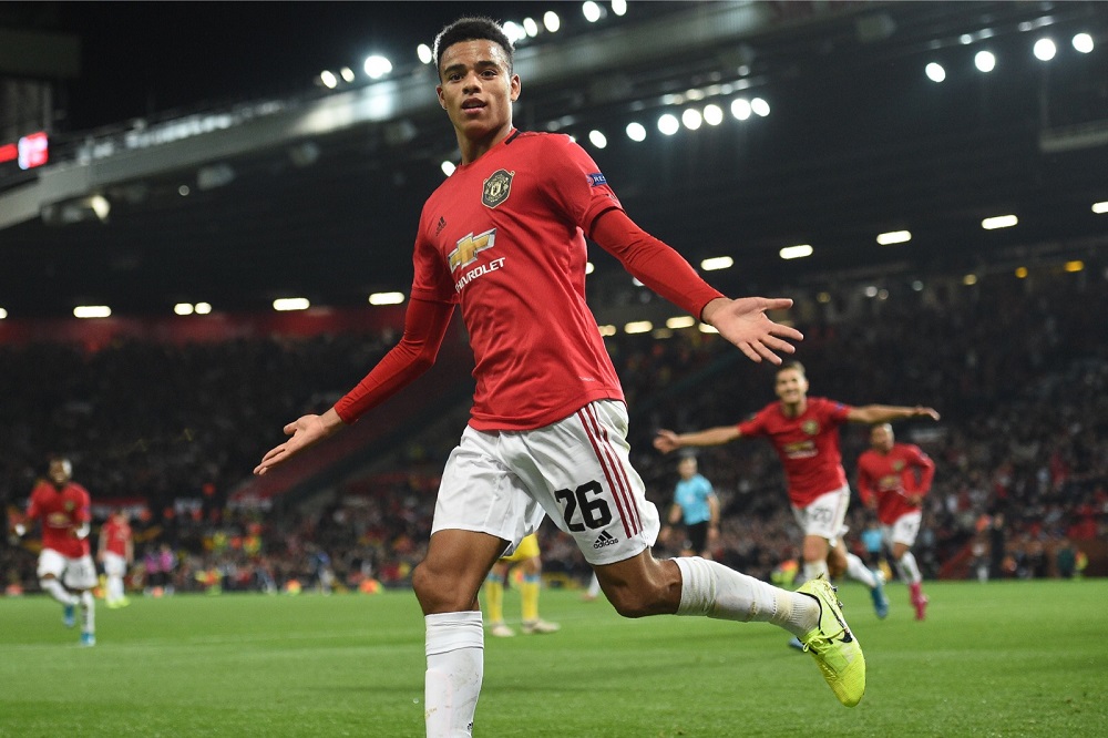 Manchester United's striker Mason Greenwood celebrates after scoring the opening goal of the UEFA Europa League Group L football match against Astana at the Old Trafford in Manchester September 19, 2019. u00e2u20acu201d AFP pic
