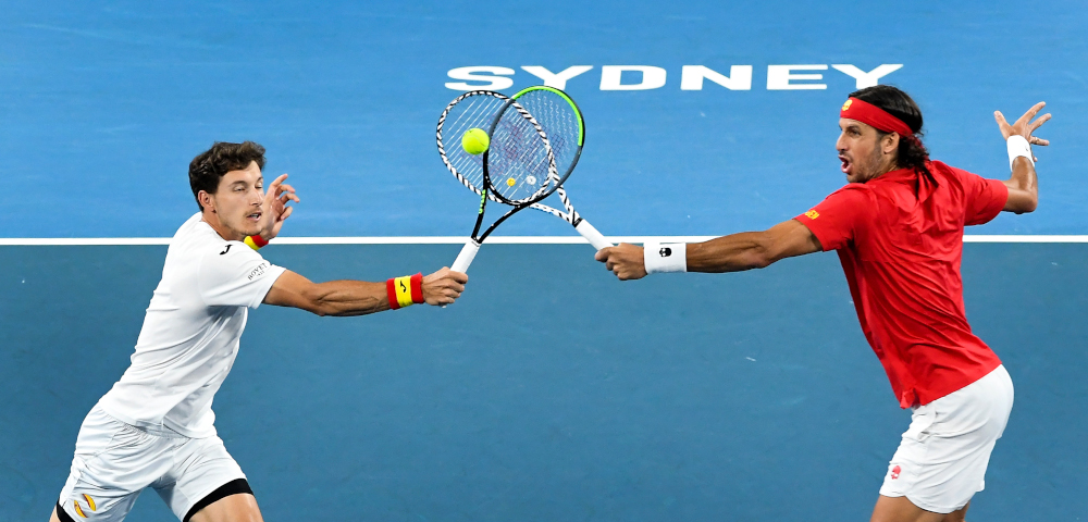 Pablo Carreno Busta (left) and Feliciano Lopez of Spain return the ball during their menu00e2u20acu2122s doubles in the final of the ATP Cup tennis tournament in Sydney January 13, 2020. u00e2u20acu201d AFP pic 