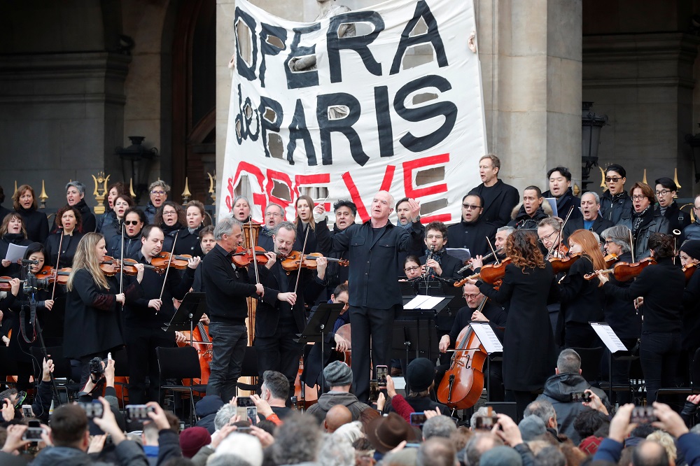 Members of the Paris Opera's orchestra play an open-air concert outside the Opera Garnier to protest the governmentu00e2u20acu2122s proposed pension reform, which affects the state-employed musiciansu00e2u20acu2122 special status in Paris January 18, 2020. u00e2u20acu201d Reuters pic 