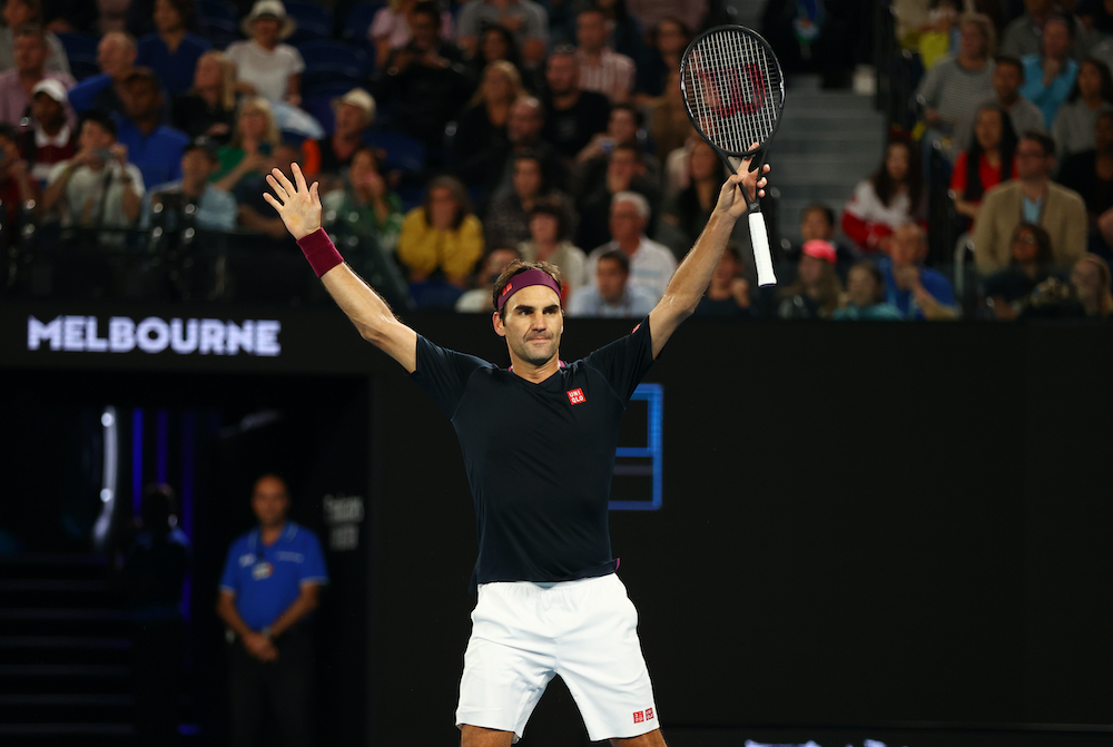 Switzerlandu00e2u20acu2122s Roger Federer celebrates after his match against Australiau00e2u20acu2122s John Millman at the Australian Open in Melbourne Park in Melbourne, January 25, 2020. u00e2u20acu201d Reuters