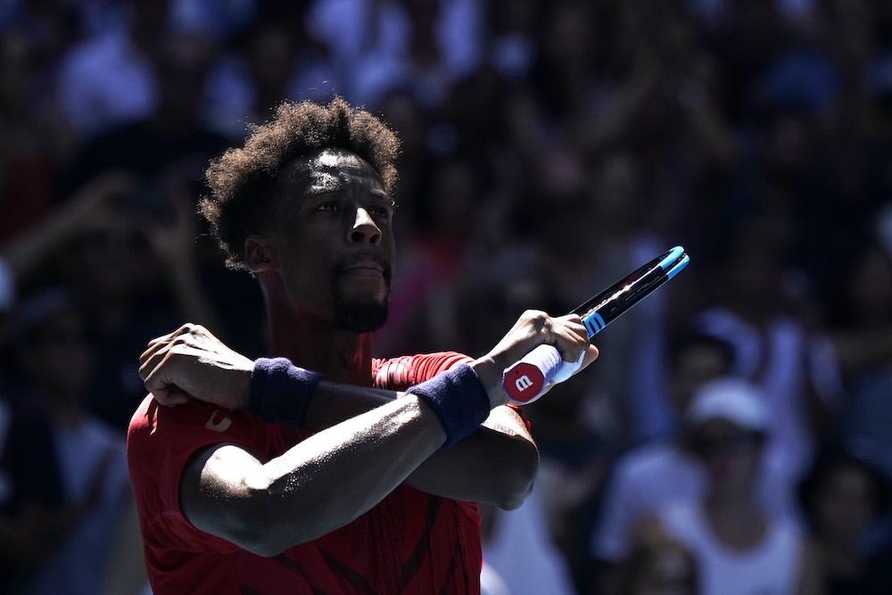 Franceu00e2u20acu2122s Gael Monfils in action during his match against Latviau00e2u20acu2122s Ernests Gulbis during the Australian Open Third Round match at Melbourne Park in Melbourne, January 25, 2020. u00e2u20acu201d Reuters picnn