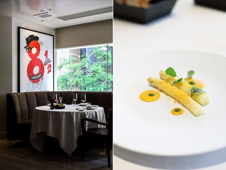 The restaurant’s name is inspired by Federico Fellini’s classic (left); white asparagus, Oscietra caviar and Parmigiano-Reggiano foam (right)