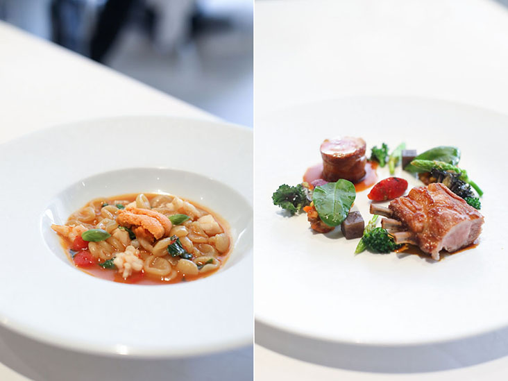 Homemade 'cavatelli', shellfish ragout and sea urchin (left); baby lamb from Aveyron with aromatic herbs, black olives and 'caponata' (right)