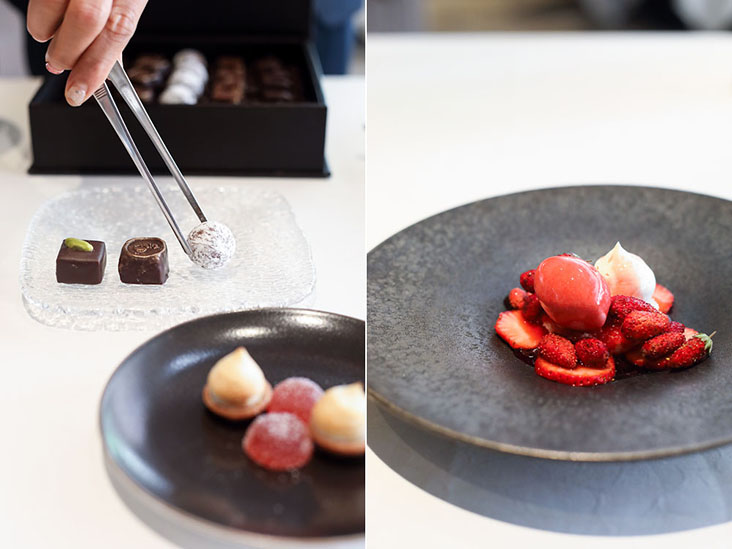 A selection of 'petit fours' (left); fresh strawberries, sorbet and vanilla cream (right)