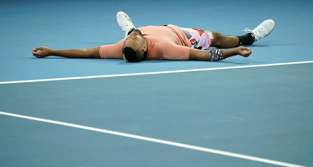 Australiau00e2u20acu2122s Nick Kyrgios celebrates after his match against Russiau00e2u20acu2122s Karen Khachanov at the Australian Open in Melbourne Park, Melbourne, January 25, 2020. u00e2u20acu201d Reuters picnnn