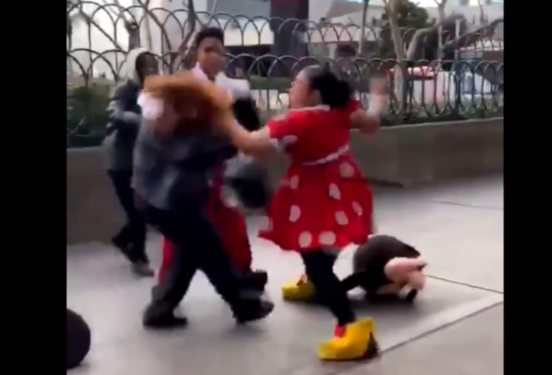 A woman dressed as Minnie Mouse loses her temper and repeatedly beats a security guard. u00e2u20acu201d Screengrab via Twitter/Mcredskins
