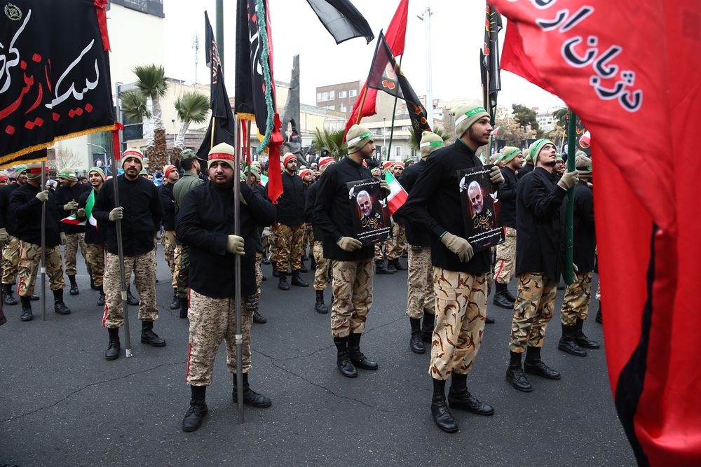 Iranian soldiers gather to mourn General Qassem Soleimani, head of the elite Quds Force, who was killed in an air strike at Baghdad airport, in Tehran, Iran January 4, 2020. u00e2u20acu201d Nazanin Tabatabaee/West Asia News Agency) pic via Reuters