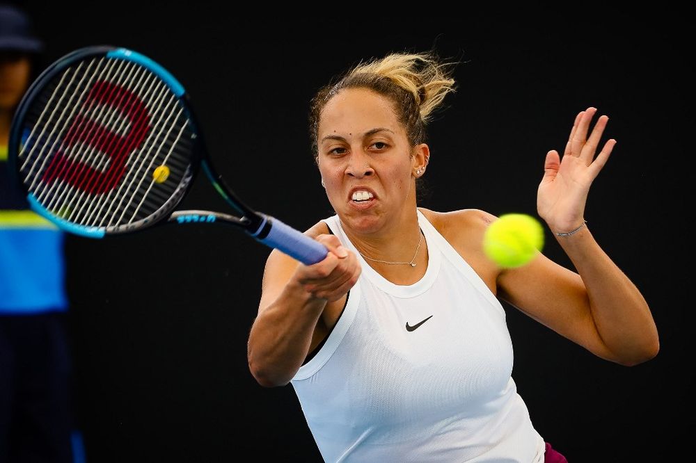 Madison Keys of the US hits a return to Marie Bouzkova of the Czech Republic during the womenu00e2u20acu2122s singles match on day two of the Brisbane International tennis tournament in Brisbane on January 7, 2020. u00e2u20acu201d AFP pic