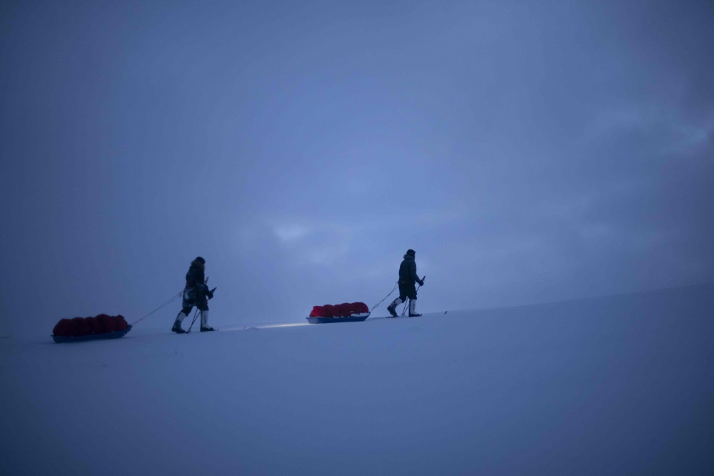 French explorers at ski Matthieu Bellanger (ahead) and Loury Lag train in Alta, Finnmark Region, Northern Norway, on January 14, 2020, ahead of an expedition of 130 days planned at the end of February, aiming at crossing the continent from East Canada to West Alaska through the North-West route, with 60kg of survival equipment. — AFP pic