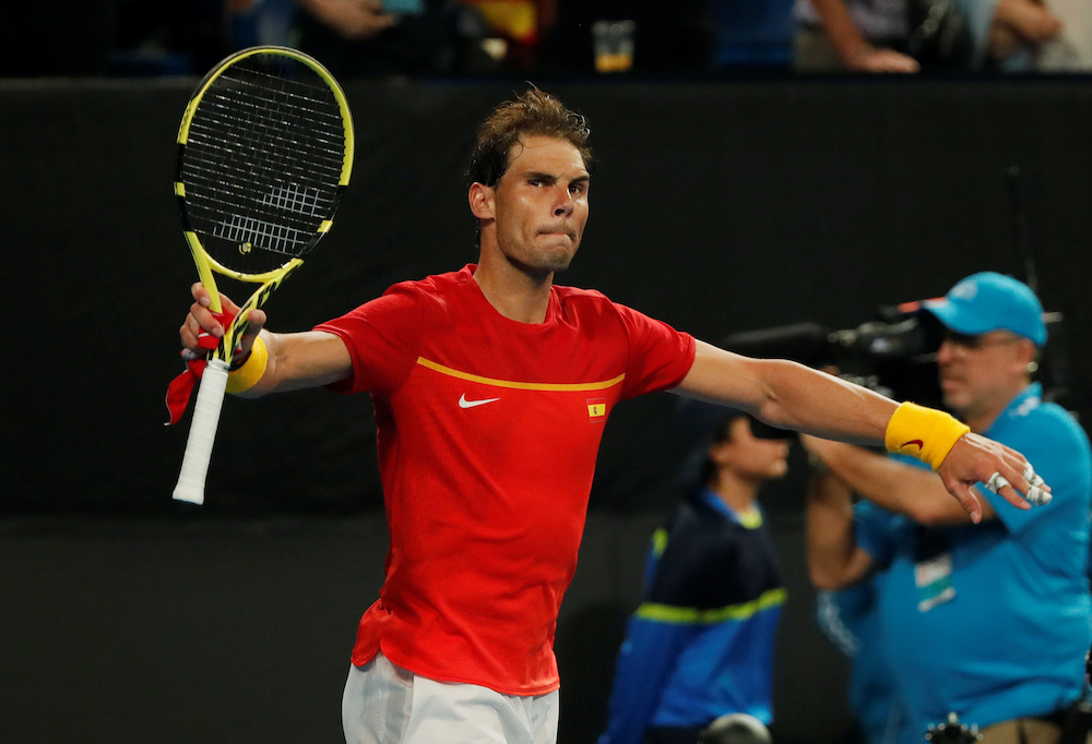 Spainu00e2u20acu2122s Rafael Nadal celebrates after winning his Group B singles match against Georgiau00e2u20acu2122s Nikoloz Basilashvil at the RAC Arena in Perth, Australia, January 4, 2019. u00e2u20acu201d Reuters picnnn