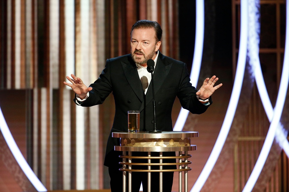 Ricky Gervais at the 77th Golden Globe Awards in Beverly Hills, California January 5, 2020. u00e2u20acu201d Paul Drinkwater/NBCUniversal/Handout via Reuters