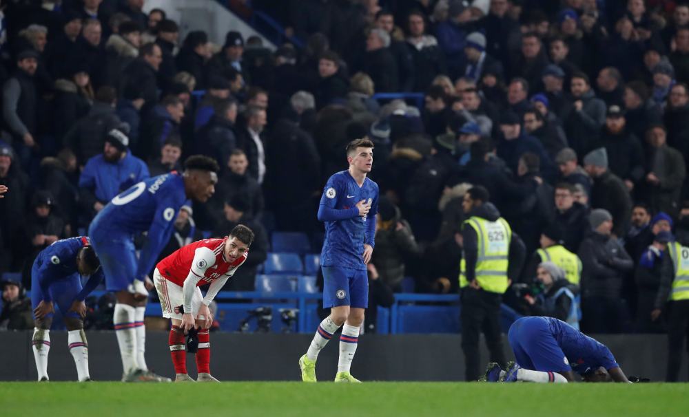Arsenal's Lucas Torreira reacts as Chelsea's Mason Mount and teammates look dejected at the end of the match January 22, 2020. u00e2u20acu2022 Reuters pic 