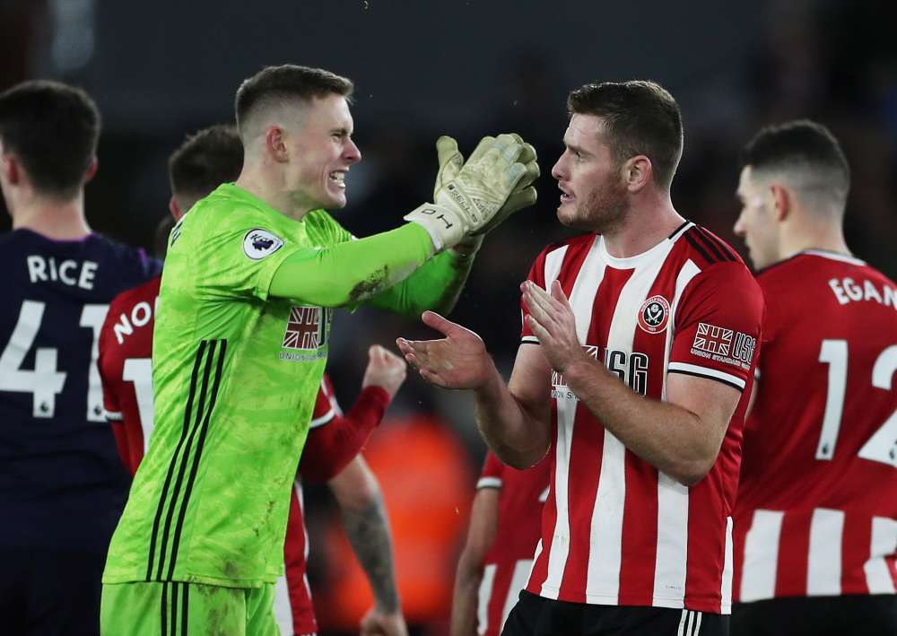 Sheffield United's Jack O'Connell and Dean Henderson celebrate after a goal scored by West Ham United's Robert Snodgrass is disallowed following a referral to the VAR, January 11, 2020. u00e2u20acu2022 Reuters pic