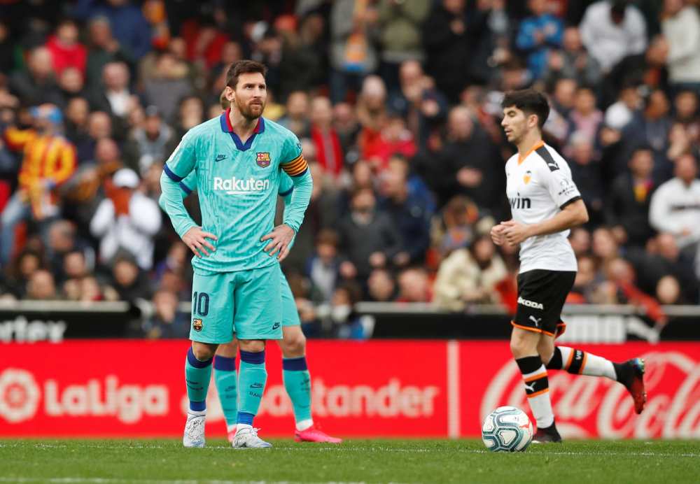Barcelona's Lionel Messi looks dejected after Jordi Alba scored an own goal, January 25, 2020. u00e2u20acu2022 Reuters pic