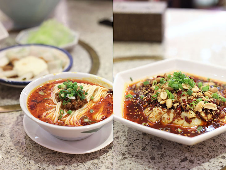 'Dàndàn miàn' or Sichuan spicy noodles (left) and mouthwatering 'kǒushuǐ jī', which literally means “saliva chicken” (right)
