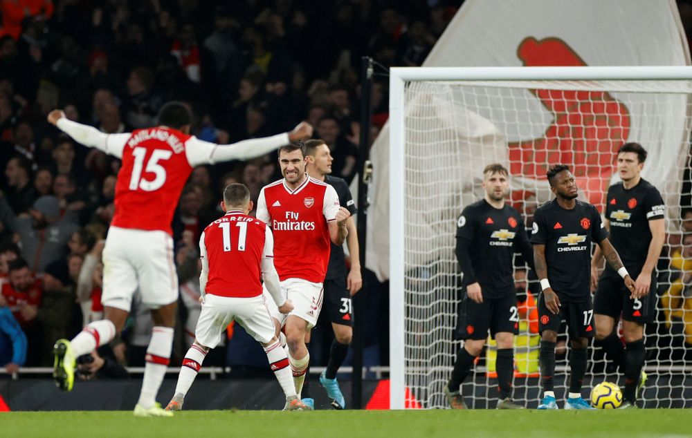 Arsenal's Sokratis Papastathopoulos celebrates scoring their second goal against Manchester United at the Emirates Stadium January 1, 2020. u00e2u20acu201d Reuters picnn