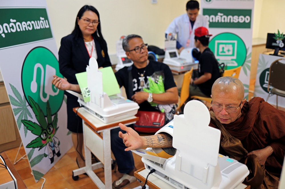 Patients check their vital signs to receive free treatment during the launch of the first official medical cannabis clinic in Bangkok January 6, 2020. — Reuters pic