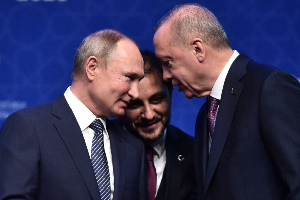 Russian President Vladimir Putin and Turkish President Recep Tayyip Erdogan speak as they attend an inauguration ceremony of a new gas pipeline January 8, 2020 in Istanbul. u00e2u20acu201d AFP pic 