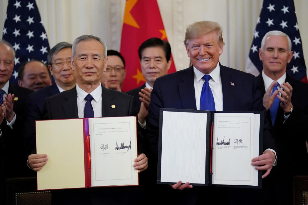 US President Donald Trump and Chinese Vice Premier Liu He after signing u00e2u20acu02dcphase oneu00e2u20acu2122 of the US-China trade agreement in Washington January 15, 2020. u00e2u20acu2022 Reuters pic