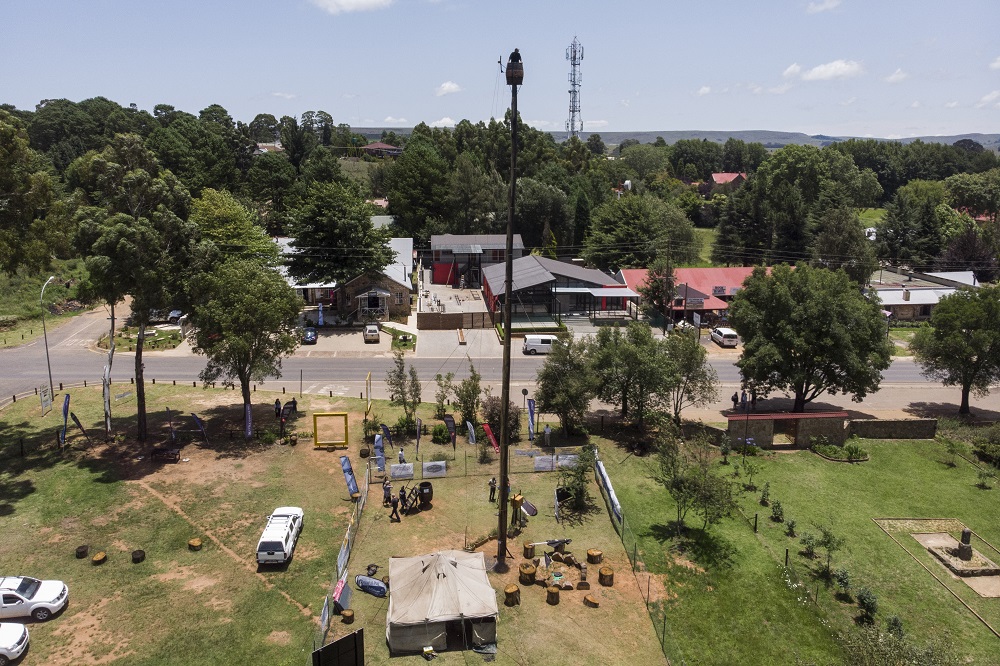 An aerial view shows Vernon Kruger, 52, standing in a barrel at the top of a pole 25 metres above the ground in Dullstroom, South Africa January 16, 2020. — AFP pic