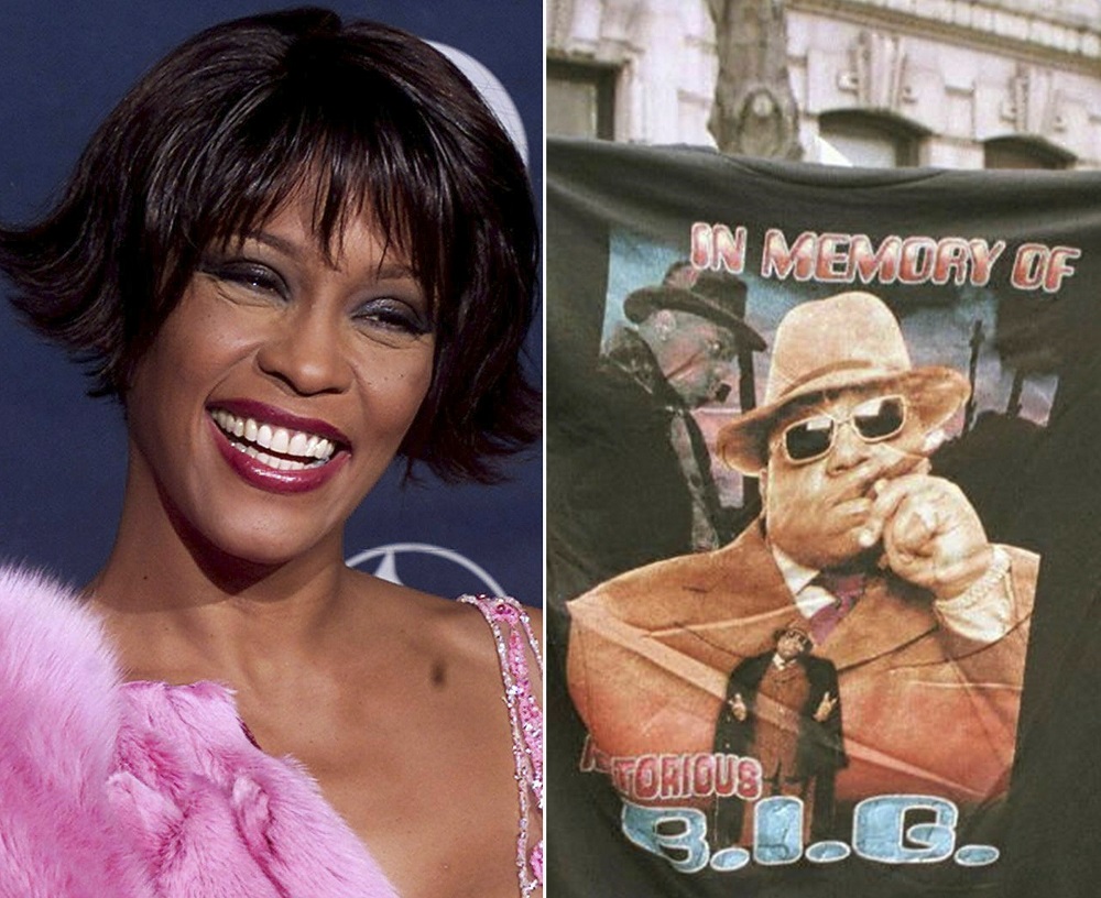 This combination photos created on January 15, 2020 shows pop diva Whitney Houston at the 42nd Annual Grammy Awards in Los Angeles February 23, 2000, and a man wearing a T-shirt tribute to The Notorious B.I.G on August 17, 1997. u00e2u20acu2022 AFP pic  